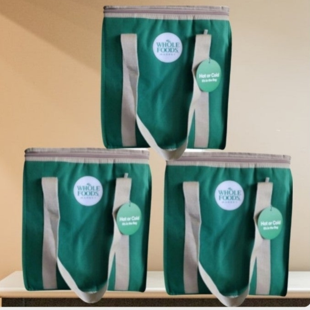 X3 WHOLE FOODS MARKET Insulated Reusable Cooler Green Grocery Shopping B…